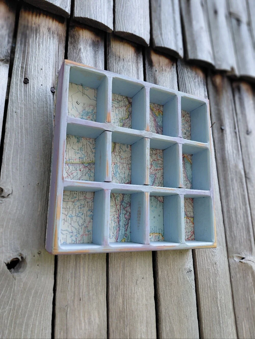 Handmade blue wooden mini wall curio display shelf w/ vintage road maps